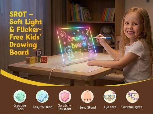 لوحة رسم LED للأطفال مقاس 17 بوصة مع 7 ألوان و6 أوضاع، لوحة ملاحظات LED بألوان، لوحة مسح جافة من الأكريليك المضيئة تتضمن محول، 7 علامات، لوحة رسومات الشعار المبتكرة المتوهجة هدايا العطلات للفتيات والأطفال in Kuwait