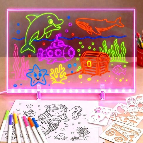 LED Drawing Board for Kids, Large Light Up Writing Tablet, 7 Color Glow Doodle Board with Paint Stencils and Tracking Paper, Birthday Holiday Toy Gift for Boys Girls Age 3+ in Kuwait