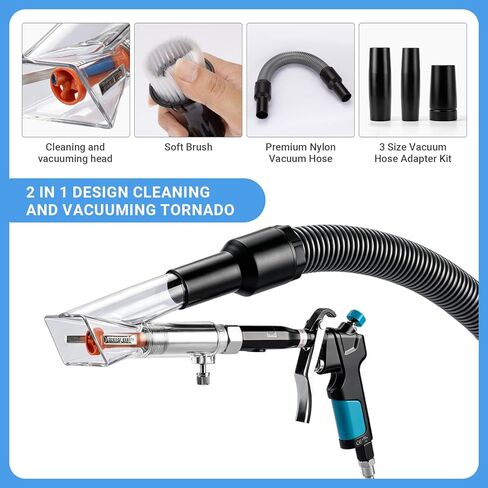 Car Interior Cleaning Gun with 2-in-1 Air Blower Attachments, Detailing Brush and Swivel Connector – for Car Seats, Carpets, Dashboards, Floor Mats, Air Vents, Pet Hair Removal and Rapid Drying in Kuwait