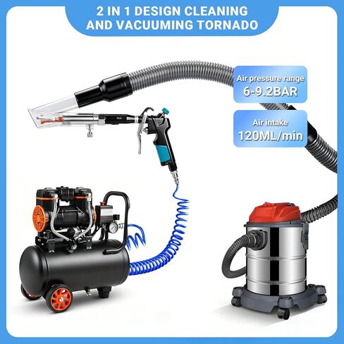 Car Interior Cleaning Gun with 2-in-1 Air Blower Attachments, Detailing Brush and Swivel Connector – for Car Seats, Carpets, Dashboards, Floor Mats, Air Vents, Pet Hair Removal and Rapid Drying in Kuwait