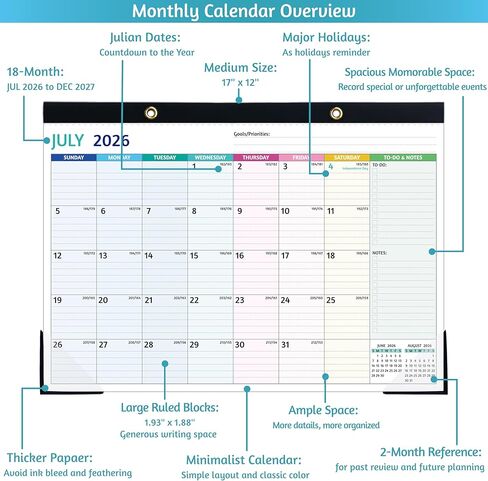 Desk Calendar 2026-2027 – JUL 2026 - DEC 2027, 18 Monthly Desk Calendar, Large Desk Calendar 2027, 17’’ x 12’’, 2026-2027 Desk/Wall Calendar with To-do Lists, Desk Pad, Ruled Blocks, Corner Protectors in Kuwait