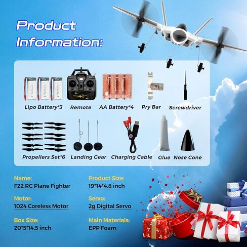 CKYSCHN F22 Raptor RC Plane 4 Channel New Version, Vertical Takeoff Remote Control Airplane with 6-axis Gyro & Lights, 3D Aerobatic RC Aircraft for Adults | 3 Batteries in Kuwait