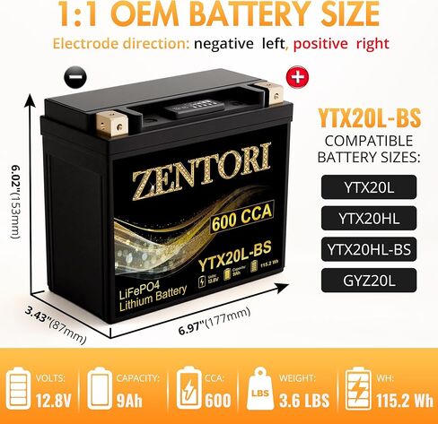 YTX20L-BS Lithium Battery 600CCA 9Ah Fast Charge for Road Street Electra Glide、Road King TRX500 、TRX420 、TRX250X- LiFePO4 Motorcycle 4000+ Cycles IP66 Replaces YTX20H、GYZ20L、GYZ20HL in Kuwait