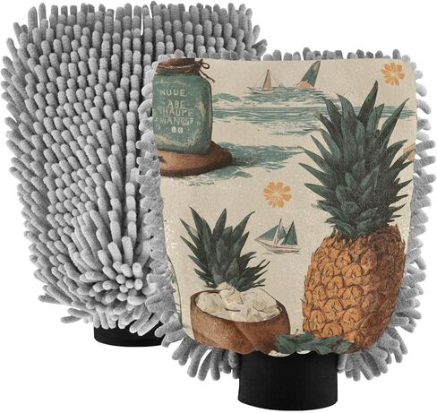 AIXIWAWA Car Wash Mitt Washing Glove Pineapple Beach Print Scratch Free Water Absorbent 2 Pack Medium in Kuwait