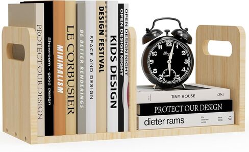 100% Solid Wood Adjustable Desktop Bookshelf with Movable Divider, Retro Tabletop Bookshelf with Convenient Handle Design for Living Room, Home, Office, Perfect for Magazine Book (Black) in Kuwait