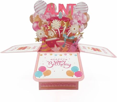 3D Pop Up Birthday Card with Balloons and Fireworks, Pink Happy Birthday Greeting Card with Envelope, 20 cm x 21 cm (3D greeting card -AUNT) in Kuwait