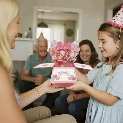 3D Pop Up Birthday Card with Balloons and Fireworks, Pink Happy Birthday Greeting Card with Envelope, 20 cm x 21 cm (3D greeting card -AUNT) in Kuwait
