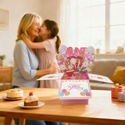 3D Pop Up Birthday Card with Balloons and Fireworks, Pink Happy Birthday Greeting Card with Envelope, 20 cm x 21 cm (3D greeting card -AUNT) in Kuwait
