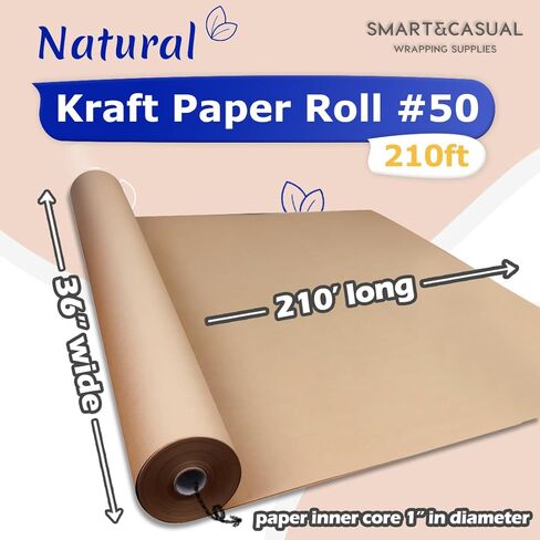 SMART&CASUAL 36 بوصة × 2,520 بوصة (210 بوصة) لفافة ورق كرافت بنية لتغليف الهدايا لوحة الإعلانات باقة زهور للأطفال فن تعبئة الطرود لتغطية الطاولة 70 جرامًا لكل متر مربع 50 رطل (بني، 36 بوصة × 210 بوصة) in Kuwait