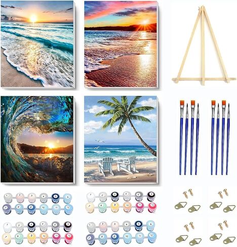4 Pack Paint by Numbers Kit for Adults Framed Canvas - with Wooden Easel,Adults' Paint-by-Number Kits Beach Sunset Leisure Chair DIY Acrylic Landscape Oil Painting Kits Arts Crafts 7.8x11.8inch in Kuwait