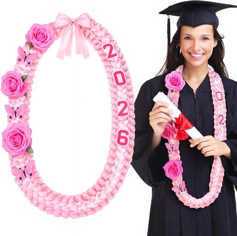 Suncalla Pink 71 بوصة التخرج Leis فئة 2026 شريط Lei مضفر Lei مع فراشة زهرة لملحقات التخرج in Kuwait