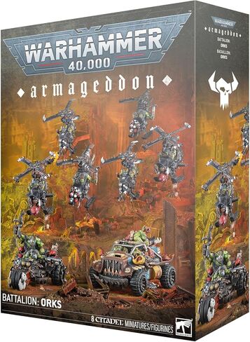 مجموعة صندوق Armageddon Battalion Orks Speedwaaagh من أجل Warhammer 40,000، 8 منمنمات بما في ذلك Deffkilla Wartrike، Rukkatrukk Squigbuggy، Deffkoptas، مجموعة نماذج بلاستيكية متعددة الأجزاء in Kuwait