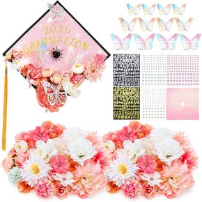Wavwavw 44 Pcs DIY Graduation Cap Decorations Kit Pink Grad Cap Decorations 3D Artificial Flowers Butterfly Decals Rhinestone Pearl Stickers Letter Stickers Glitter Paper for 2026 Grad Hats Decor in Kuwait