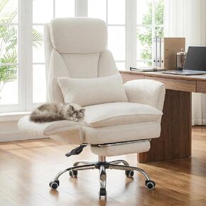 Furniliving Criss Cross Office Chair with Armrests & Wheels, Big and Tall Office Chair with Footrest, Flip Armrests for Pets, Wide Seat Cross Legged Desk Chair, Ergonomic Computer Chair, Teddy, White in Saudi Arabia