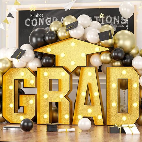 FunHot Marquee Light Up Letters، 3.4 FT كبير Grad Light Up Letters، Gold Grad Marquee Letter مع أضواء فسيفساء إطار حرف قبعة من الورق المقوى مقطوعة مسبقًا لزينة التخرج السنوية فئة 2026 in Kuwait