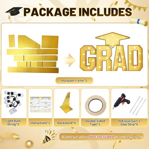 FunHot Marquee Light Up Letters، 3.4 FT كبير Grad Light Up Letters، Gold Grad Marquee Letter مع أضواء فسيفساء إطار حرف قبعة من الورق المقوى مقطوعة مسبقًا لزينة التخرج السنوية فئة 2026 in Kuwait