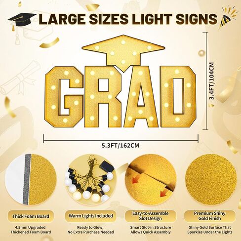 FunHot Marquee Light Up Letters، 3.4 FT كبير Grad Light Up Letters، Gold Grad Marquee Letter مع أضواء فسيفساء إطار حرف قبعة من الورق المقوى مقطوعة مسبقًا لزينة التخرج السنوية فئة 2026 in Kuwait