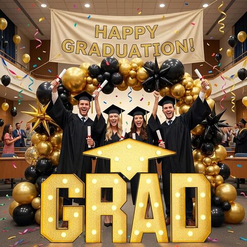 FunHot Marquee Light Up Letters، 3.4 FT كبير Grad Light Up Letters، Gold Grad Marquee Letter مع أضواء فسيفساء إطار حرف قبعة من الورق المقوى مقطوعة مسبقًا لزينة التخرج السنوية فئة 2026 in Kuwait