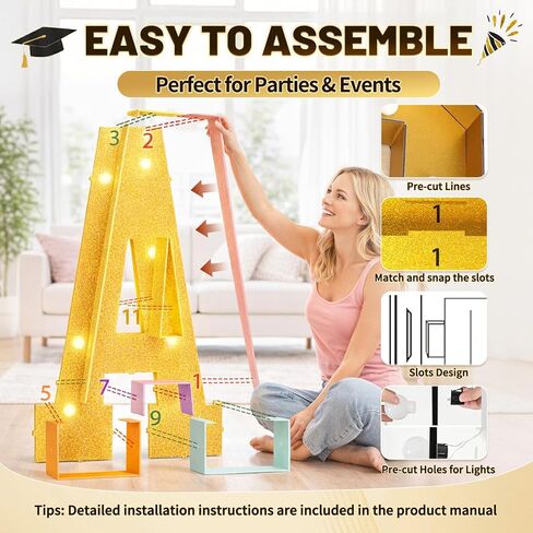 FunHot Marquee Light Up Letters، 3.4 FT كبير Grad Light Up Letters، Gold Grad Marquee Letter مع أضواء فسيفساء إطار حرف قبعة من الورق المقوى مقطوعة مسبقًا لزينة التخرج السنوية فئة 2026 in Kuwait