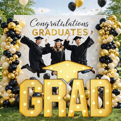 FunHot Marquee Light Up Letters، 3.4 FT كبير Grad Light Up Letters، Gold Grad Marquee Letter مع أضواء فسيفساء إطار حرف قبعة من الورق المقوى مقطوعة مسبقًا لزينة التخرج السنوية فئة 2026 in Kuwait