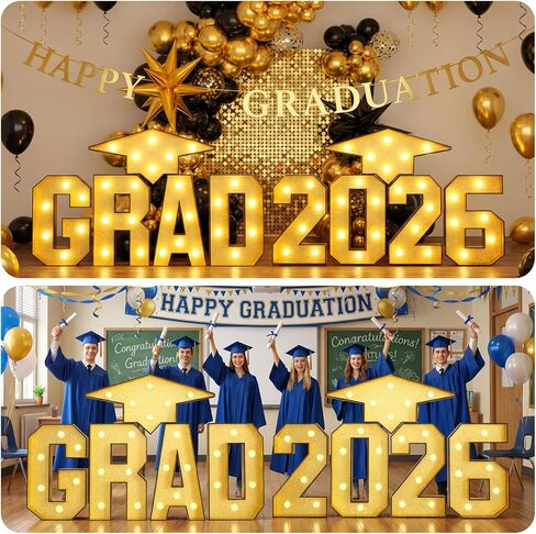 FunHot Marquee Light Up Letters، 3.4 FT كبير Grad Light Up Letters، Gold Grad Marquee Letter مع أضواء فسيفساء إطار حرف قبعة من الورق المقوى مقطوعة مسبقًا لزينة التخرج السنوية فئة 2026 in Kuwait