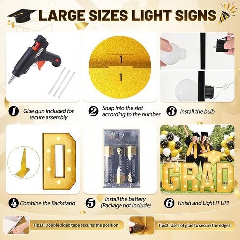 FunHot Marquee Light Up Letters، 3.4 FT كبير Grad Light Up Letters، Gold Grad Marquee Letter مع أضواء فسيفساء إطار حرف قبعة من الورق المقوى مقطوعة مسبقًا لزينة التخرج السنوية فئة 2026 in Kuwait