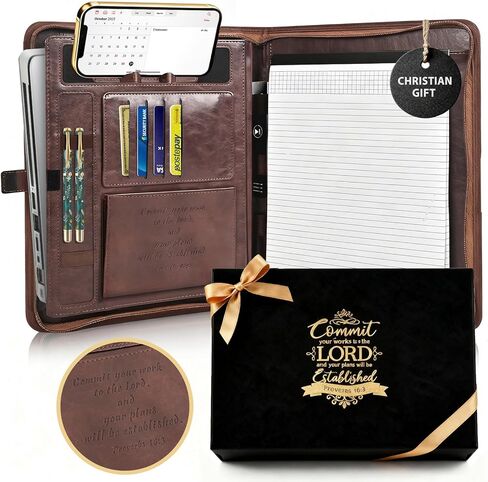 Leather Portfolio for Men and Women – Business Binder Portfolio, Professional Organizer for Men and Women, Christian Gifts, Laptop & iPad Case, Bible Notepad Holder (Brown) in Saudi Arabia