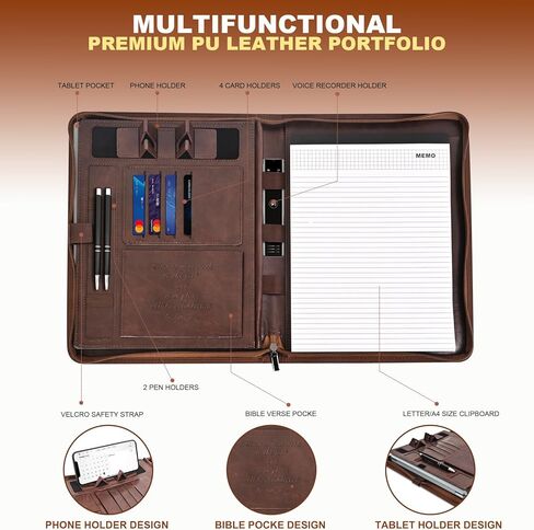 Leather Portfolio for Men and Women – Business Binder Portfolio, Professional Organizer for Men and Women, Christian Gifts, Laptop & iPad Case, Bible Notepad Holder (Brown) in Saudi Arabia