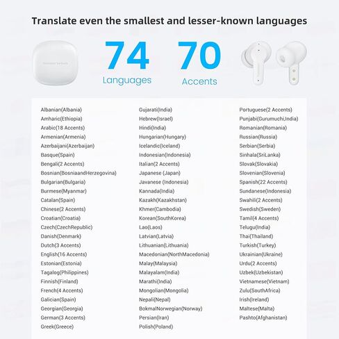 سماعات أذن للترجمة من ANFIER M3 AI في الوقت الحقيقي، جهاز مترجم اللغة بـ 144 لغة، 3 في 1 غير متصل بالإنترنت ثنائي الاتجاه، سماعات رأس للترجمة المباشرة، لا يتطلب الاشتراك (أبيض) in Kuwait