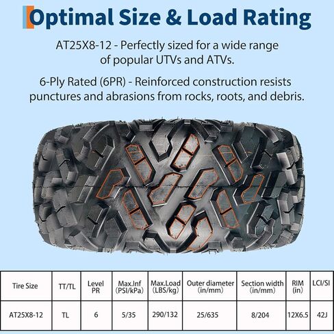إطارات GarveeTech 25x8-12 ATV/UTV 6PR إطارات لجميع التضاريس شديدة التحمل للممر/الطين/الصخور، عبوتان بدون أنابيب in Kuwait