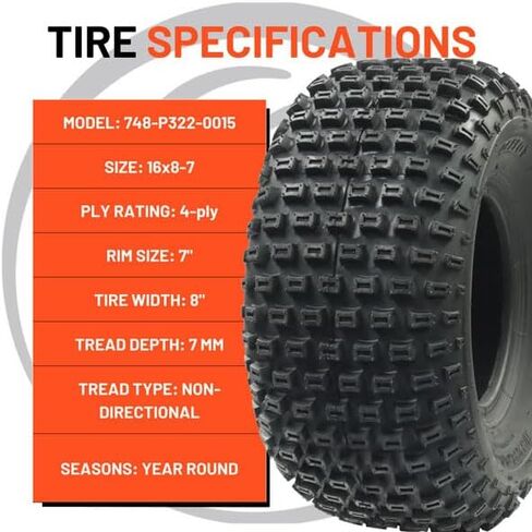 إطار Ocelot P322 الخلفي 16x8-7 ATV بأربع طبقات متين، وأداء على الطرق الوعرة، بدون أنبوب، مداس غير اتجاهي، إطارات Knobby Sport 16x8x7 ATV مقاس 16 بوصة للأوساخ والعشب والحصى in Kuwait