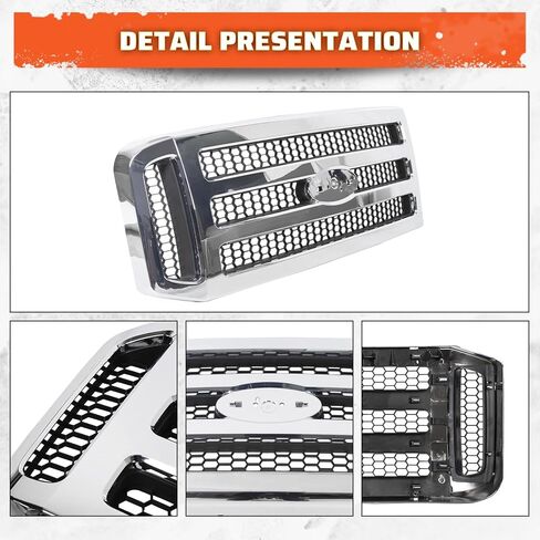 مجموعة شبكة ECOTRIC متوافقة مع 2005-2007 Ford SuperDuty F250 F350 F450 F-250 F-350 F-450 Excursion Chrome مع بديل مشط العسل الرمادي لـ FO1200456 5C3Z8200BAA (بدون شعار) in Kuwait