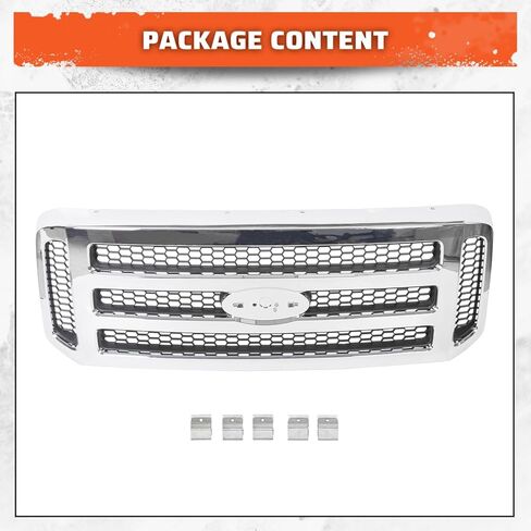 مجموعة شبكة ECOTRIC متوافقة مع 2005-2007 Ford SuperDuty F250 F350 F450 F-250 F-350 F-450 Excursion Chrome مع بديل مشط العسل الرمادي لـ FO1200456 5C3Z8200BAA (بدون شعار) in Kuwait