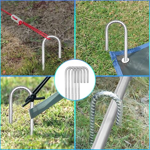 Rebar Stakes Extra Heavy Duty J Hook,【12 inch Long Enough】 Rust Proof Coated GalvanizedSteel Ground Stakes Ground Anchors, Garden Stake Metal Stakes Tent Stakes Trampoline Anchors (4, Silver) in Saudi Arabia