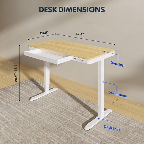 مكتب قائم كهربائي FLEXISPOT Comhar مع أدراج يشحن منفذ USB، ارتفاع قابل للتعديل 48 بوصة، قطعة كاملة سريعة التركيب، طاولة كمبيوتر محمول للمكتب المنزلي مع مساحة تخزين (أعلى خشب القيقب + إطار أبيض) in Kuwait
