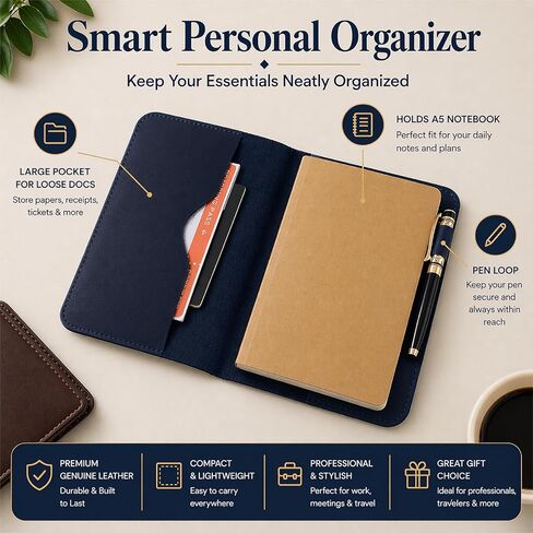 TheAntiq Premium Leather Journal Cover A5 – Handmade Refillable Notebook Cover Sleeve with Pen Holder for Writing, Travel & Business Use 5.75 x 8.25 (Blue) in Kuwait