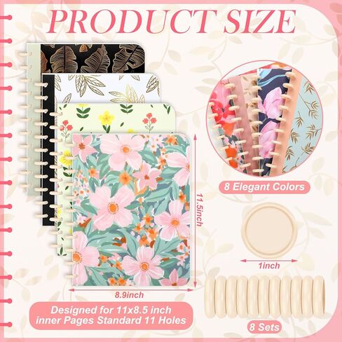 Watersay 8 Set Discbound Notebook Cover and Disc 8.9 x 11.5 Inch 11 Hole Colorful Floral Loose Leaf Planner Cover Refillable Journal Accessories for Work Students School Office Supplies in Kuwait