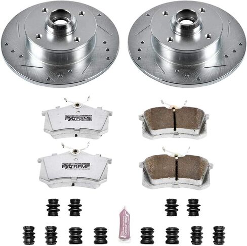 طقم فرامل خلفية PowerStop لسيارة Volkswagen Cabrio 1999-02 |Golf 1985-94 |Golf 1996-99 |Jetta 1990-92 |Jetta 1996-99 - وسادات فرامل Z26 من السيراميك من ألياف الكربون + ترقية الدوارات المحفورة والمشقوقة، K369-26 in Kuwait