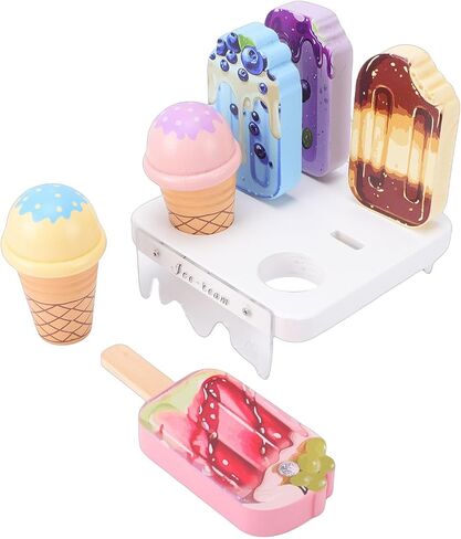 Wooden Ice Cream Toys, Safe Wood ABS Materials Toddler Ice Cream Counter Playset, Wooden Stand with 2 4 Pop 1 Base for Home Classroom Social in Kuwait