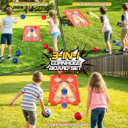 3 in 1 Cornhole Board Set Arcade Roll and Score & Bean Bag Toss & Ball Toss Game, Outdoor Carnival Party Corn Hole Outside Toys for Kids Adults, Yard Backyard Field Day Camping Family Reunion Game in Kuwait