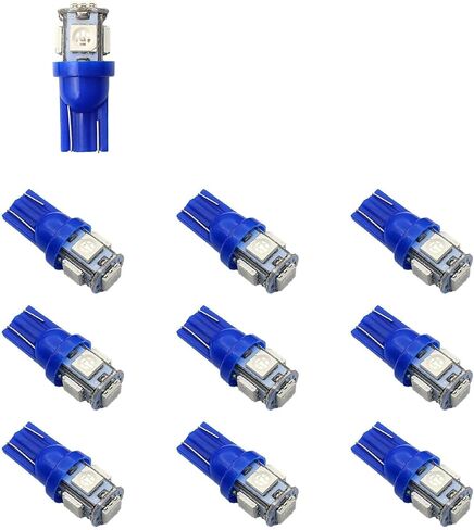 194 لمبة LED، 6000K أزرق فائق السطوع T10 168 2825 W5W 5SMD 5050 رقائق خالية من الأخطاء، مصابيح بديلة لباب السيارة على شكل خريطة قبة لوحة ترخيص أضواء جانبية، حزمة من 10 (أزرق) in Kuwait