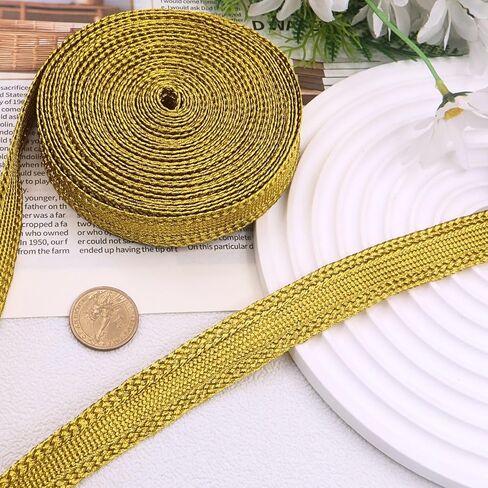 PEARLY JUN 10 ياردة 2 سم شريط ذهبي من قماش الجاكار زخرفة قماشية مطرزة من القماش المنسوج DIY الخياطة والزينة والملابس ديكور المنزل وتغليف الهدايا in Kuwait