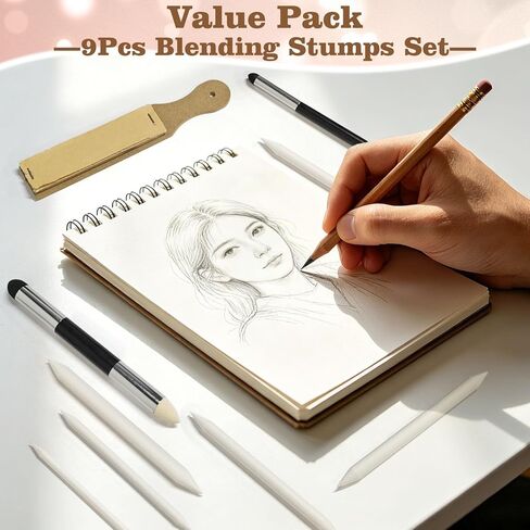 Blending Stump,9Pcs Oil Pastel Blending Tools,Blending Stumps and Sponge Pens Set with Sandpaper Sharpener,Tortillions Paper Art Blenders,Charcoal Sketching Drawing Supplies for Artists Student in Kuwait
