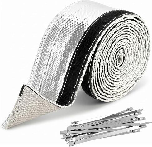 QWORK Heat Shroud Aluminized Sleeve with 20 Pcs Stainless Steel Zip Ties, 1/2" I.D. x 10FT High-Temperature Glass Fiber Protection for Fuel Line in Kuwait