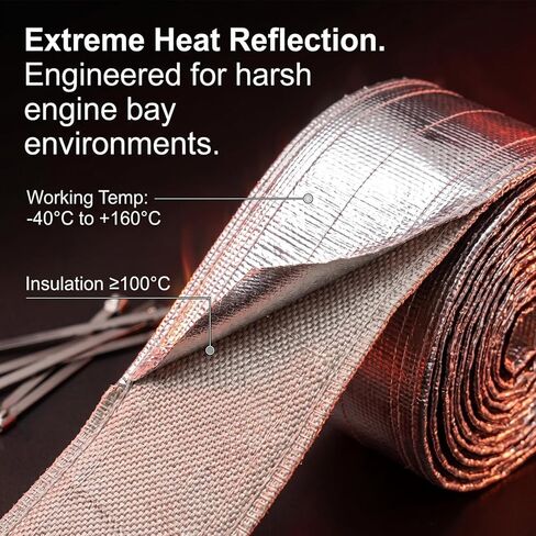 QWORK Heat Shroud Aluminized Sleeve with 20 Pcs Stainless Steel Zip Ties, 1/2" I.D. x 10FT High-Temperature Glass Fiber Protection for Fuel Line in Kuwait