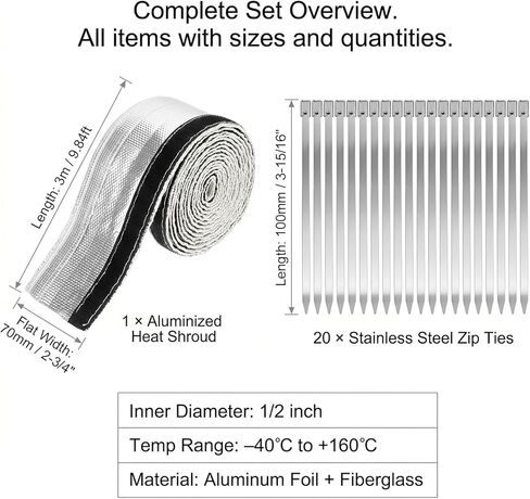 QWORK Heat Shroud Aluminized Sleeve with 20 Pcs Stainless Steel Zip Ties, 1/2" I.D. x 10FT High-Temperature Glass Fiber Protection for Fuel Line in Kuwait
