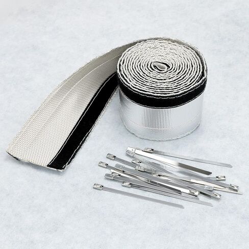 QWORK Heat Shroud Aluminized Sleeve with 20 Pcs Stainless Steel Zip Ties, 1/2" I.D. x 10FT High-Temperature Glass Fiber Protection for Fuel Line in Kuwait