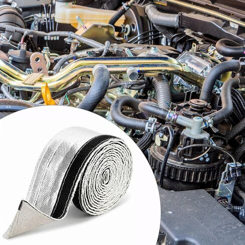 QWORK Heat Shroud Aluminized Sleeve with 20 Pcs Stainless Steel Zip Ties, 1/2" I.D. x 10FT High-Temperature Glass Fiber Protection for Fuel Line in Kuwait