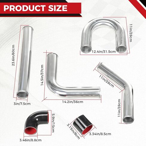 Universal 3 Inch Aluminum Intercooler Piping Kit, Black Turbo Charge Pipe U Pipe Kit with Silicone Couplers & T-Bolt Clamps, 3" FMIC Intercooler Pipe Kit for Turbo Intake Systems in Kuwait