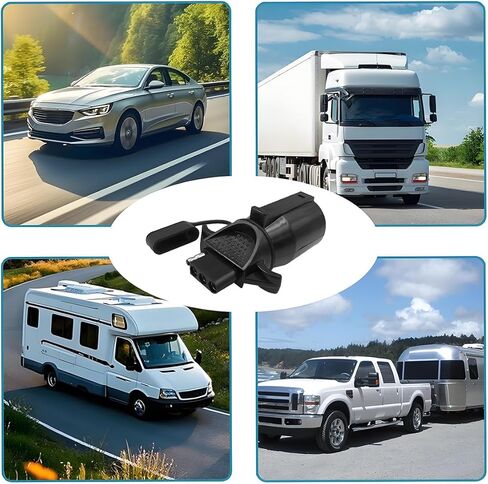 7 Pin Round to 4 Pin Flat Trailer Adapter, 7 Way Blade to 4 Way Flat Trailer Light Plug Connector, RV Plug Converter with Anti-Dust Cap, Fits Camper Truck Caravan Utility Tow Vehicles in Kuwait